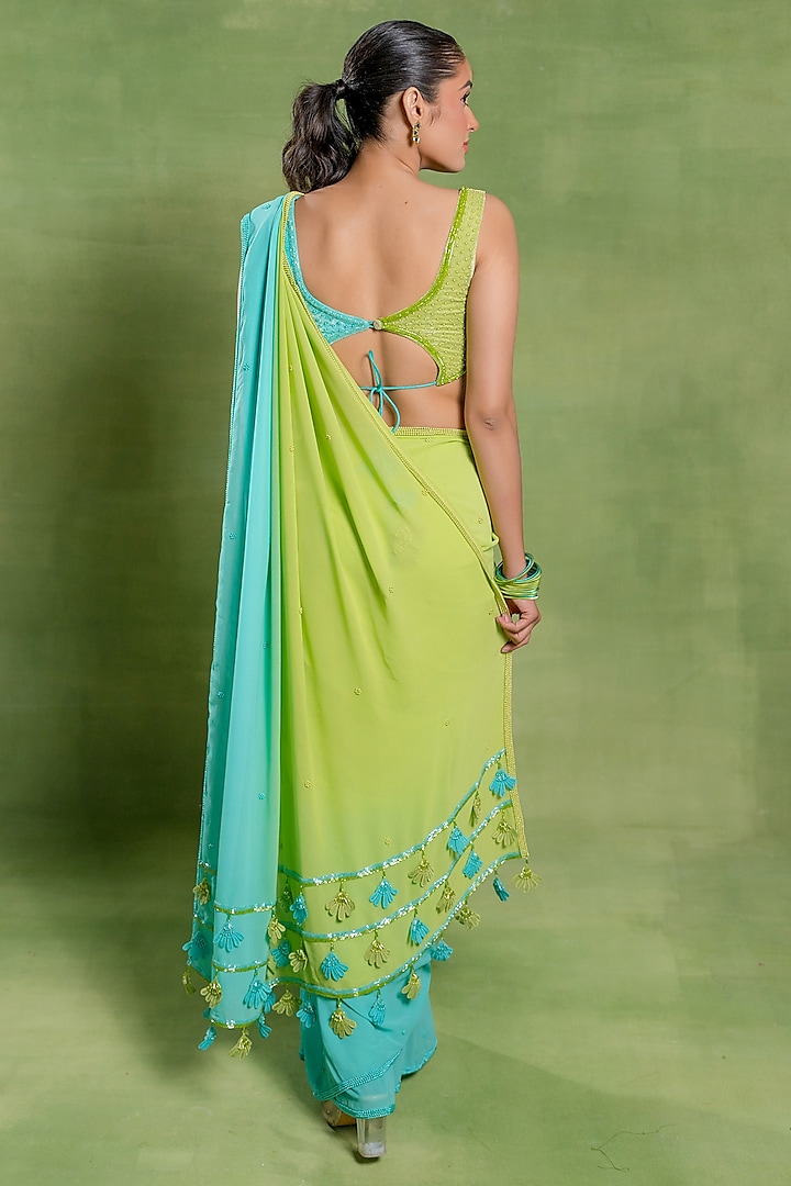 Green & Blue Georgette Pearl Work Wedding Saree Set by TUHINA SRIVASTAVA at Pernia's Pop Up Shop