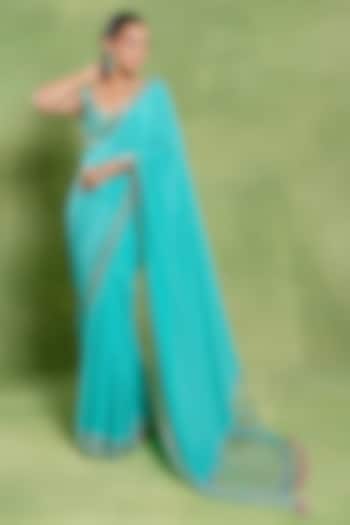 Sea Blue Silk Crepe Jaal Embroidered Wedding Saree Set by TUHINA SRIVASTAVA at Pernia's Pop Up Shop