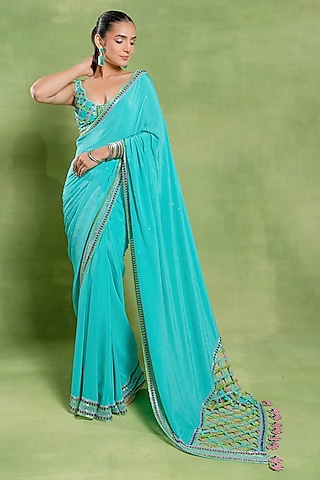 Sea Blue Silk Crepe Jaal Embroidered Saree Set by TUHINA SRIVASTAVA