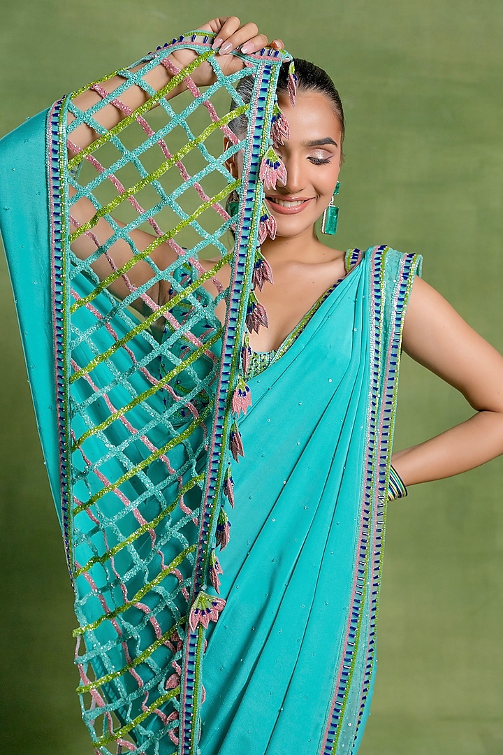 Sea Blue Silk Crepe Jaal Embroidered Wedding Saree Set by TUHINA SRIVASTAVA at Pernia's Pop Up Shop