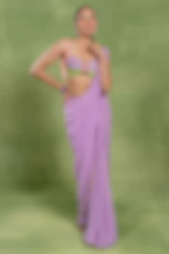 Lilac Georgette Embroidered Wedding Saree Set by TUHINA SRIVASTAVA at Pernia's Pop Up Shop