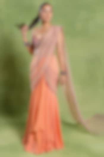 Peach Georgette Embroidered Mermaid Reception Saree Set by TUHINA SRIVASTAVA at Pernia's Pop Up Shop