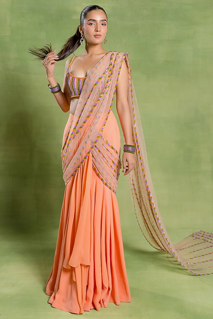 Peach Georgette Embroidered Mermaid Reception Saree Set by TUHINA SRIVASTAVA at Pernia's Pop Up Shop