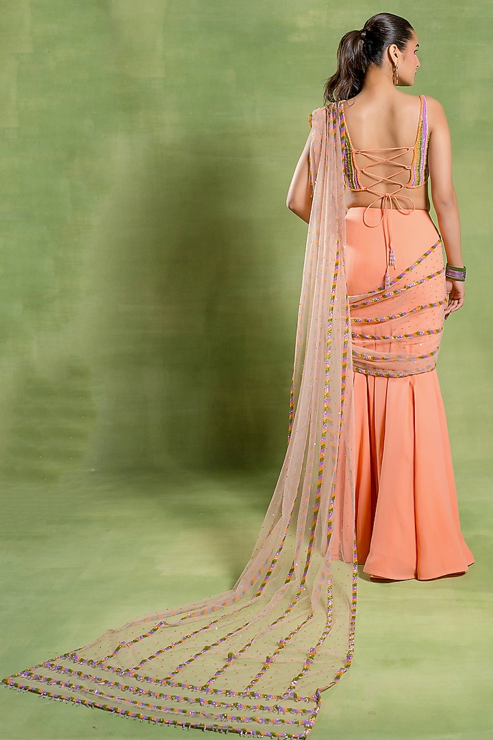 Peach Georgette Embroidered Mermaid Reception Saree Set by TUHINA SRIVASTAVA at Pernia's Pop Up Shop