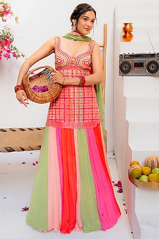 Red Chiffon Skirt Set by TUHINA SRIVASTAVA