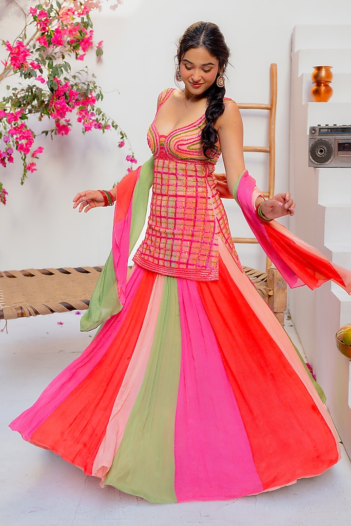 Red Chiffon Skirt Set by TUHINA SRIVASTAVA at Pernia's Pop Up Shop