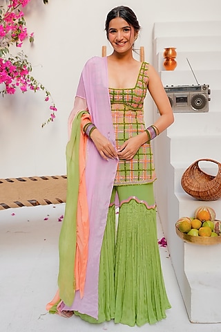 Green Silk Crepe & Chiffon Sharara Set by TUHINA SRIVASTAVA