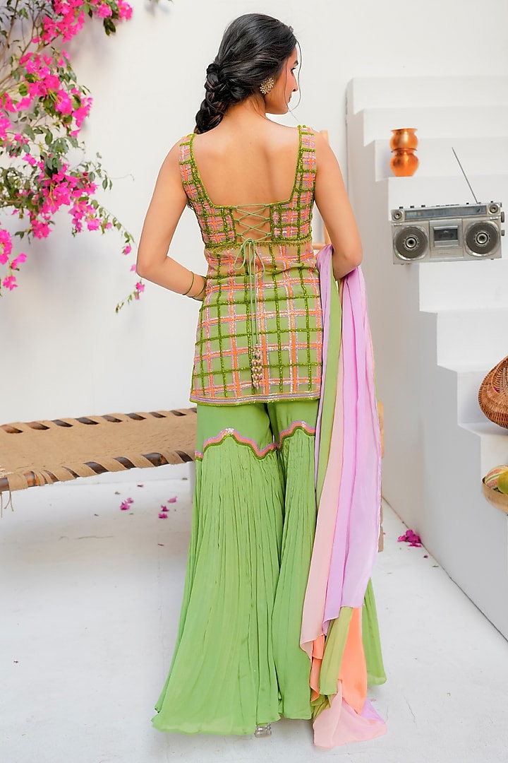 Green Silk Crepe & Chiffon Wedding Sharara Set by TUHINA SRIVASTAVA at Pernia's Pop Up Shop