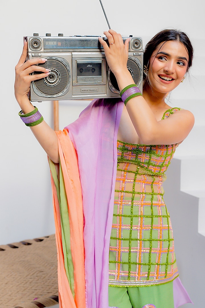 Green Silk Crepe & Chiffon Wedding Sharara Set by TUHINA SRIVASTAVA at Pernia's Pop Up Shop