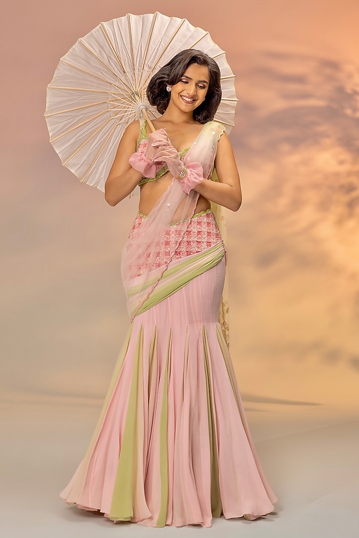 Pink & Green Ombre Georgette Mermaid Wedding Saree Set by TUHINA SRIVASTAVA at Pernia's Pop Up Shop