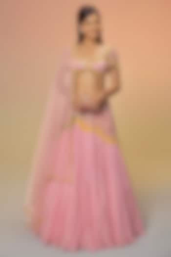 Pink Chiffon & Tulle Embroidered Wedding Lehenga Set by TUHINA SRIVASTAVA at Pernia's Pop Up Shop