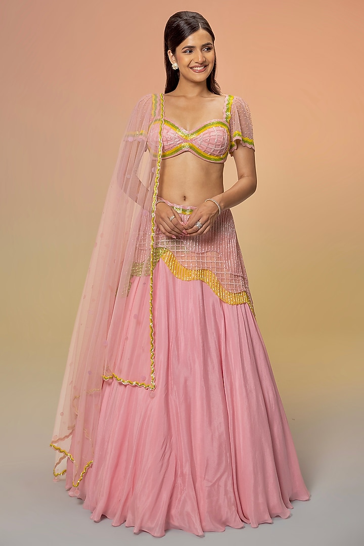 Pink Chiffon & Tulle Embroidered Wedding Lehenga Set by TUHINA SRIVASTAVA at Pernia's Pop Up Shop