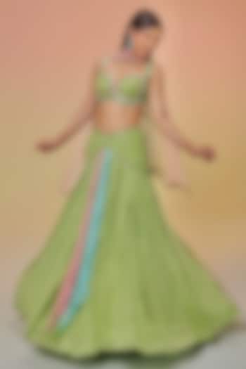 Green Chiffon Embroidered Wedding Lehenga Set by TUHINA SRIVASTAVA at Pernia's Pop Up Shop