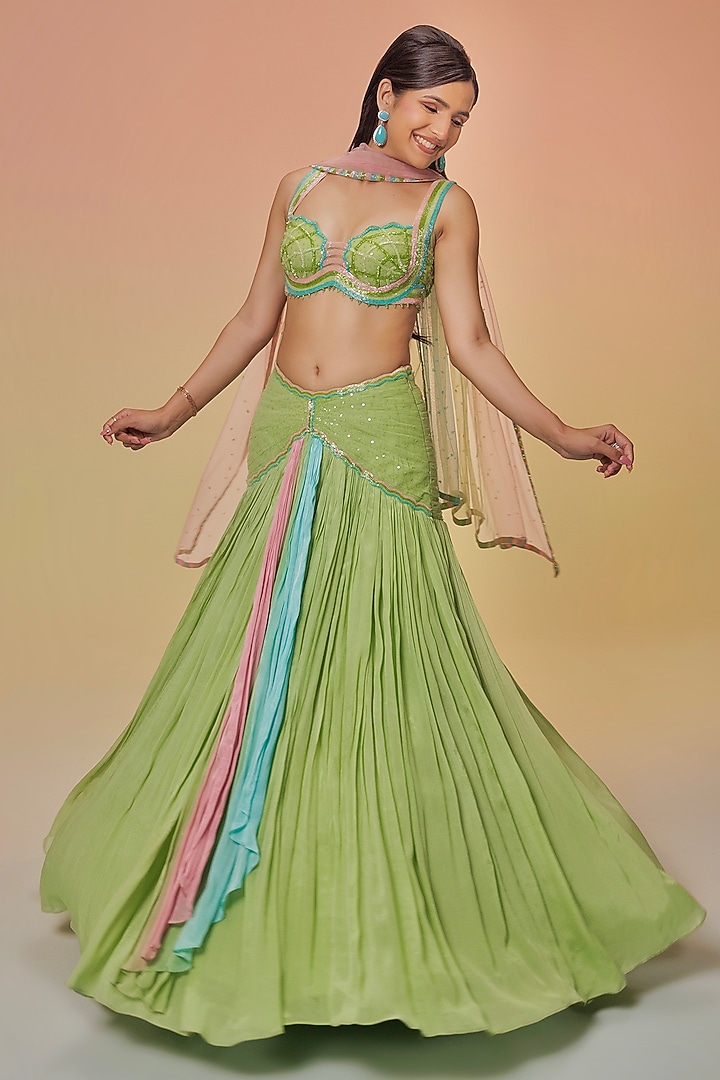 Green Chiffon Embroidered Wedding Lehenga Set by TUHINA SRIVASTAVA at Pernia's Pop Up Shop