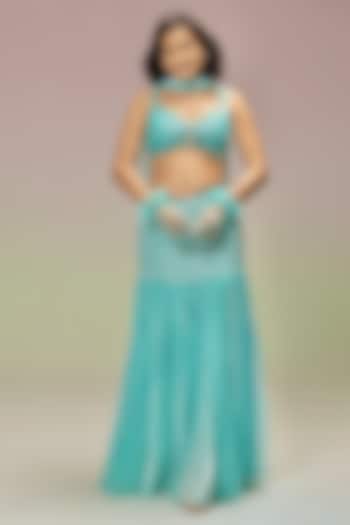 Aqua Blue Chiffon & Tulle Embroidered Skirt Set by TUHINA SRIVASTAVA at Pernia's Pop Up Shop