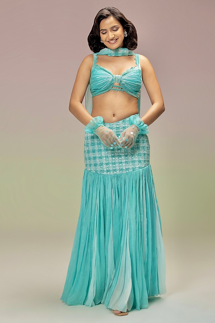 Aqua Blue Chiffon & Tulle Embroidered Skirt Set by TUHINA SRIVASTAVA at Pernia's Pop Up Shop