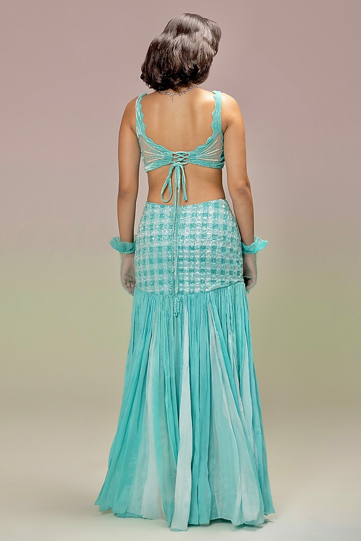 Aqua Blue Chiffon & Tulle Embroidered Skirt Set by TUHINA SRIVASTAVA at Pernia's Pop Up Shop