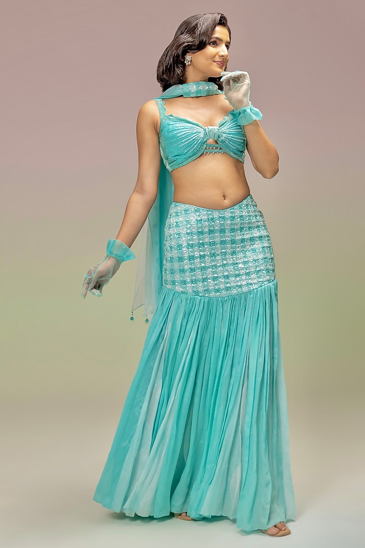Aqua Blue Chiffon & Tulle Embroidered Skirt Set by TUHINA SRIVASTAVA at Pernia's Pop Up Shop