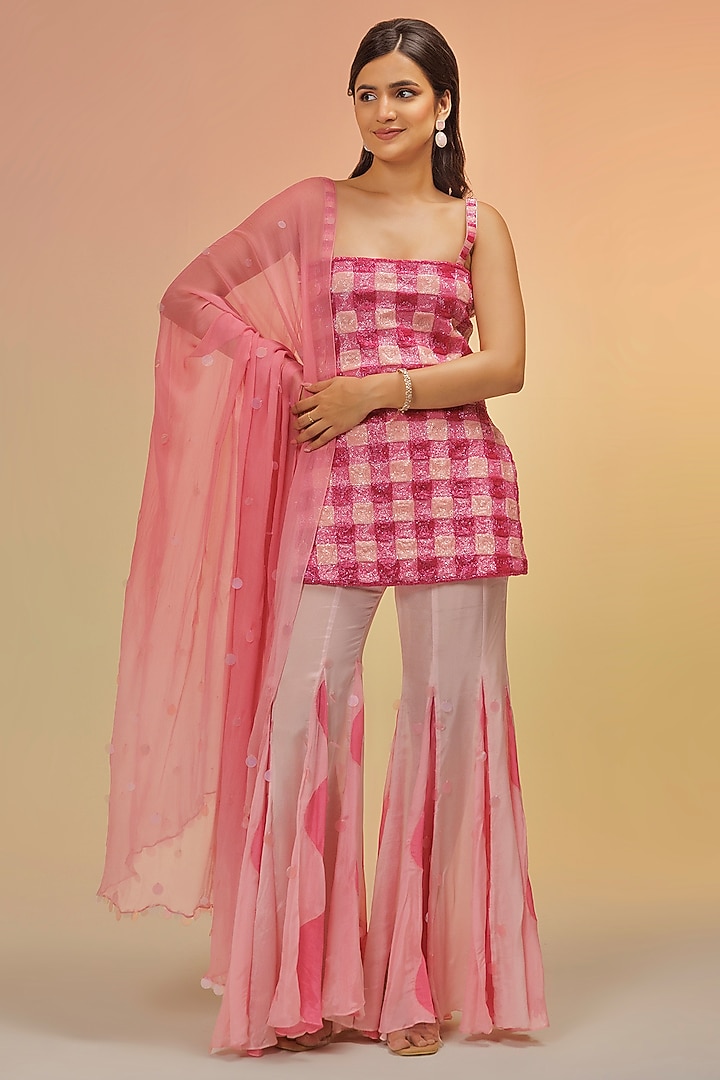 Pink Tulle Embroidered Wedding Sharara Set by TUHINA SRIVASTAVA at Pernia's Pop Up Shop