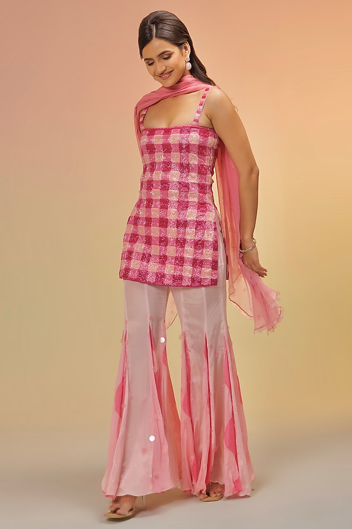 Pink Tulle Embroidered Wedding Sharara Set by TUHINA SRIVASTAVA at Pernia's Pop Up Shop