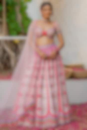 Pink Silk & Silk Velvet Resham Embroidered Bridal Lehenga Set by TUHINA SRIVASTAVA at Pernia's Pop Up Shop