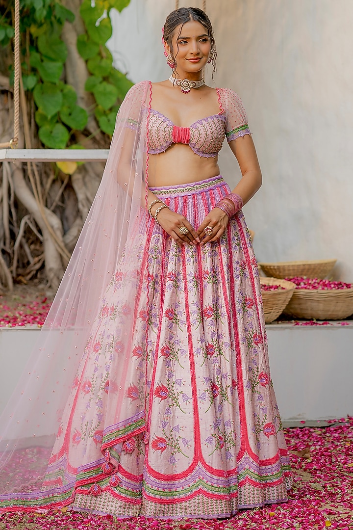 Pink Silk & Silk Velvet Resham Embroidered Bridal Lehenga Set by TUHINA SRIVASTAVA at Pernia's Pop Up Shop