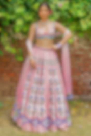 Pink & Periwinkle Blue Silk Resham Embroidered Bridal Lehenga Set by TUHINA SRIVASTAVA at Pernia's Pop Up Shop