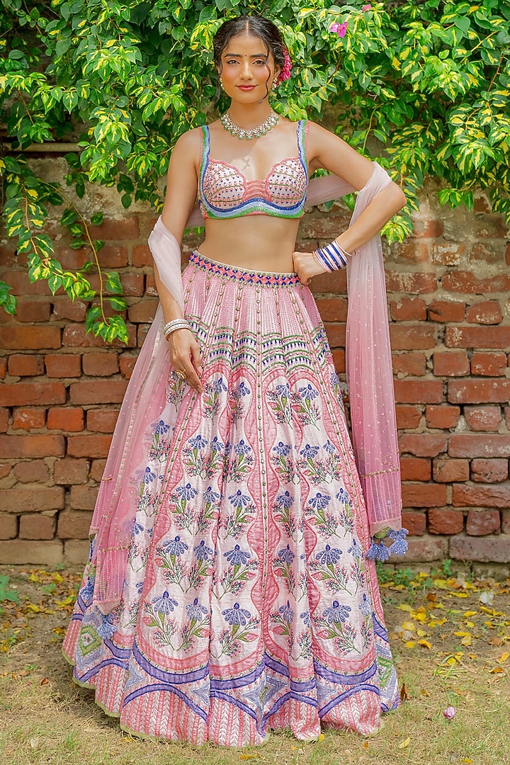 Pink & Periwinkle Blue Silk Resham Embroidered Bridal Lehenga Set by TUHINA SRIVASTAVA at Pernia's Pop Up Shop