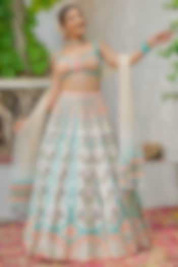 Multi-Colored Silk & Silk Velvet Zari Embroidered Bridal Lehenga Set by TUHINA SRIVASTAVA at Pernia's Pop Up Shop