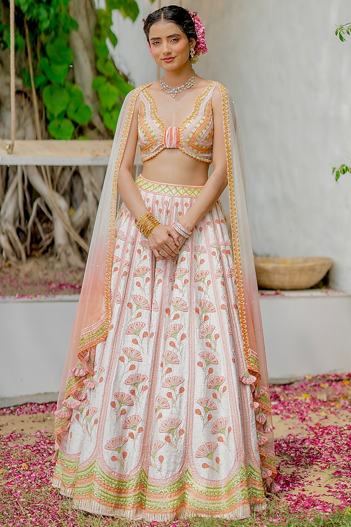 Off-White Silk & Silk Velvet Resham Embroidered Bridal Lehenga Set by TUHINA SRIVASTAVA at Pernia's Pop Up Shop