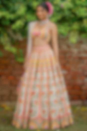Peach Silk & Silk Velvet Resham Embroidered Bridal Lehenga Set by TUHINA SRIVASTAVA at Pernia's Pop Up Shop