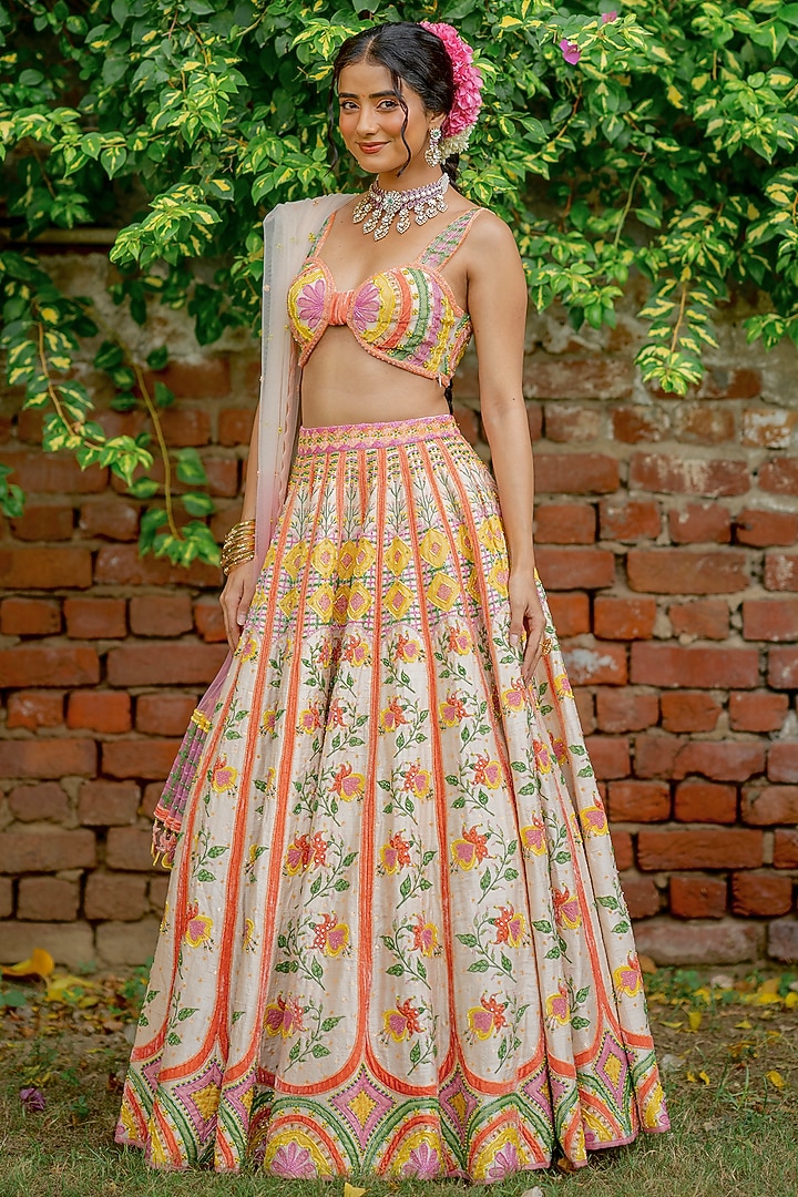 Peach Silk & Silk Velvet Resham Embroidered Bridal Lehenga Set by TUHINA SRIVASTAVA at Pernia's Pop Up Shop