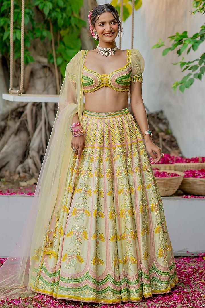 Yellow Silk & Silk Organza Velvet Cutdana Embroidered Bridal Lehenga Set by TUHINA SRIVASTAVA at Pernia's Pop Up Shop