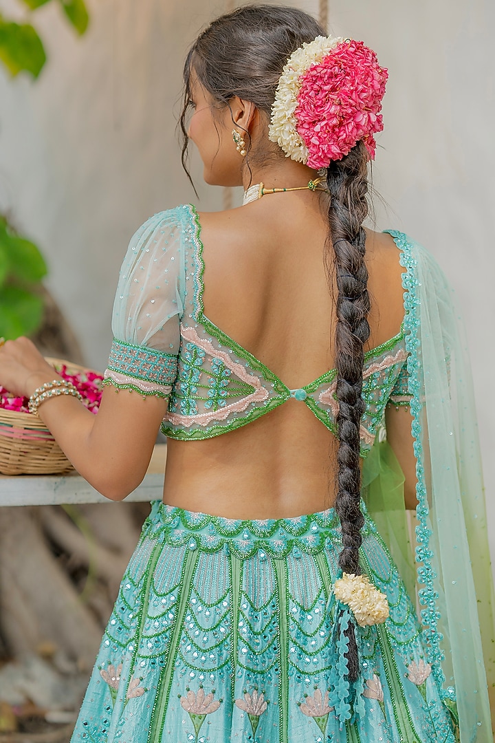 Sea Blue Silk & Silk Organza Resham Embroidered Bridal Lehenga Set by TUHINA SRIVASTAVA at Pernia's Pop Up Shop