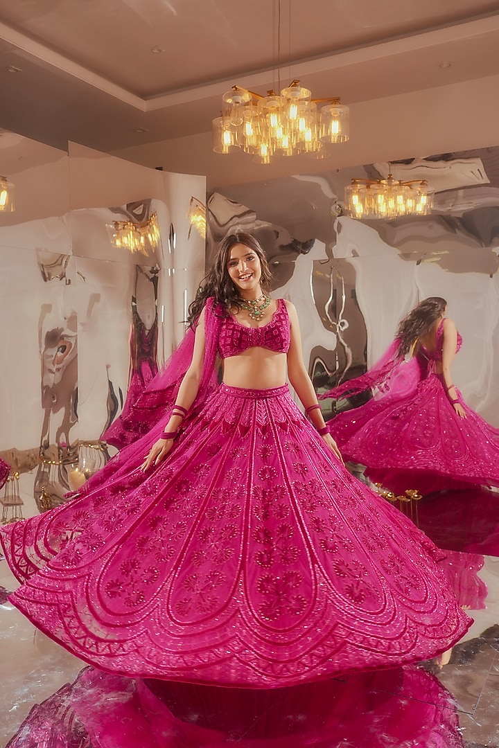 Rani Pink Tulle & Silk Velvet Zari Embroidered Lehenga Set by TUHINA SRIVASTAVA