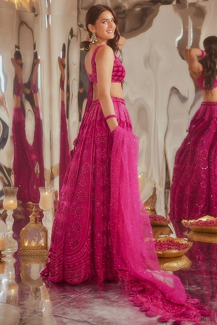Rani Pink Tulle & Silk Velvet Zari Embroidered Bridal Lehenga Set by TUHINA SRIVASTAVA at Pernia's Pop Up Shop