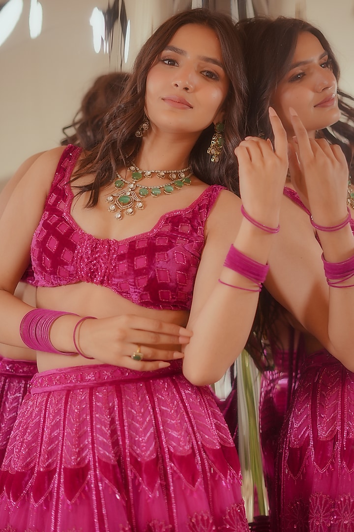 Rani Pink Tulle & Silk Velvet Zari Embroidered Bridal Lehenga Set by TUHINA SRIVASTAVA at Pernia's Pop Up Shop