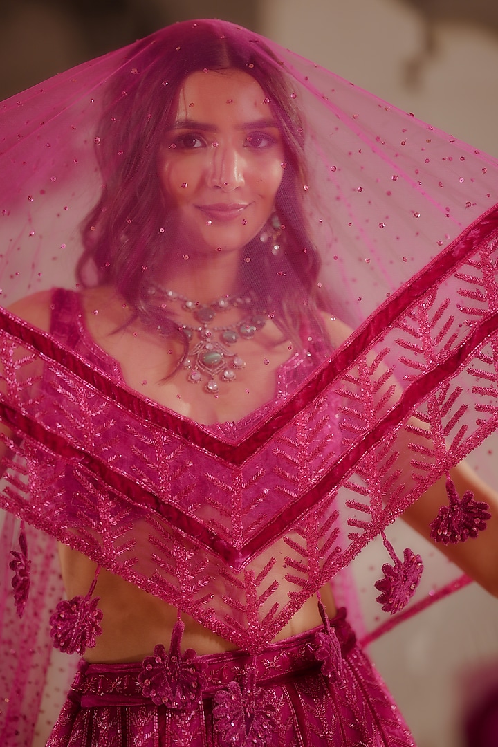 Rani Pink Tulle & Silk Velvet Zari Embroidered Bridal Lehenga Set by TUHINA SRIVASTAVA at Pernia's Pop Up Shop