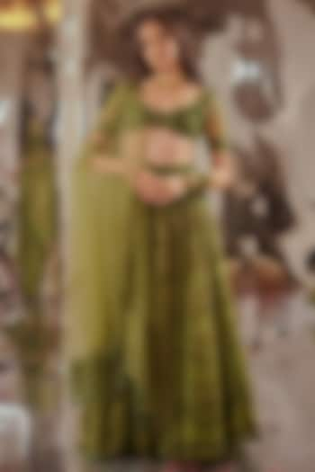 Dark Green Tulle & Silk Velvet Zari Embroidered Lehenga Set by TUHINA SRIVASTAVA