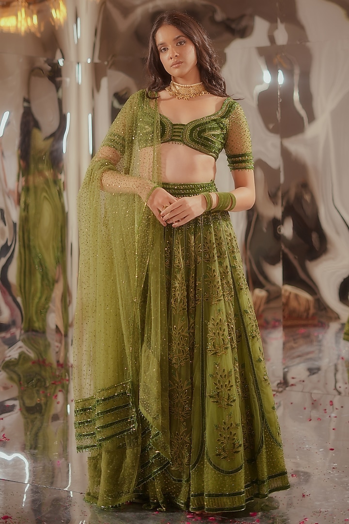 Dark Green Tulle & Silk Velvet Zari Embroidered Lehenga Set by TUHINA SRIVASTAVA