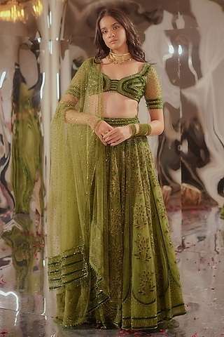 Dark Green Tulle & Silk Velvet Zari Embroidered Lehenga Set by TUHINA SRIVASTAVA