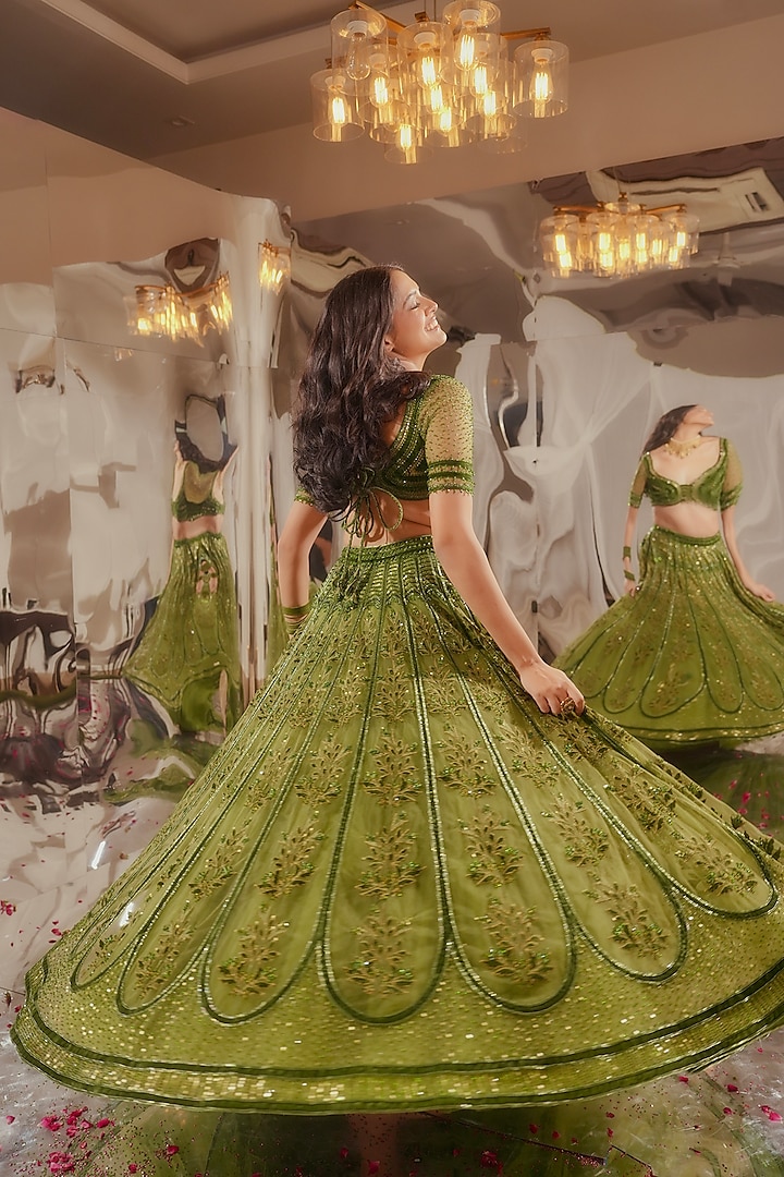Dark Green Tulle & Silk Velvet Zari Embroidered Bridal Lehenga Set by TUHINA SRIVASTAVA at Pernia's Pop Up Shop