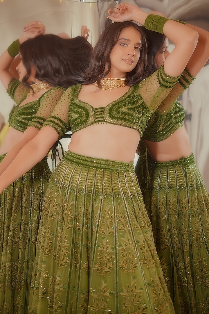 Dark Green Tulle & Silk Velvet Zari Embroidered Bridal Lehenga Set by TUHINA SRIVASTAVA at Pernia's Pop Up Shop