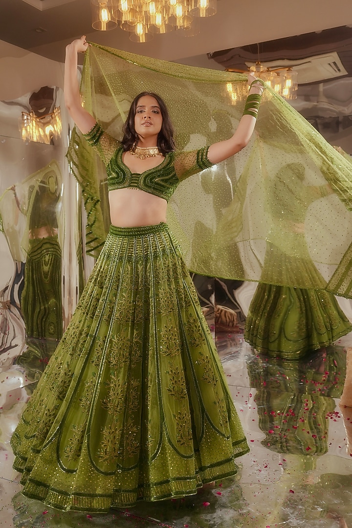 Dark Green Tulle & Silk Velvet Zari Embroidered Bridal Lehenga Set by TUHINA SRIVASTAVA at Pernia's Pop Up Shop