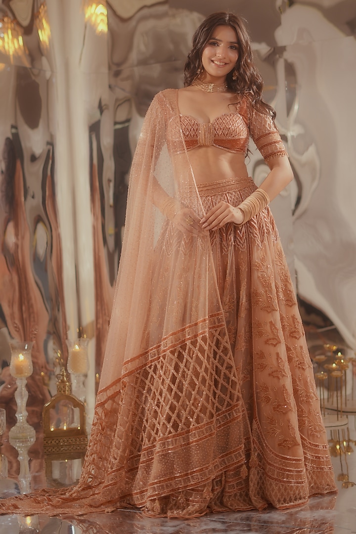 Champagne Tulle & Silk Velvet Zari Embroidered Bridal Lehenga Set by TUHINA SRIVASTAVA at Pernia's Pop Up Shop