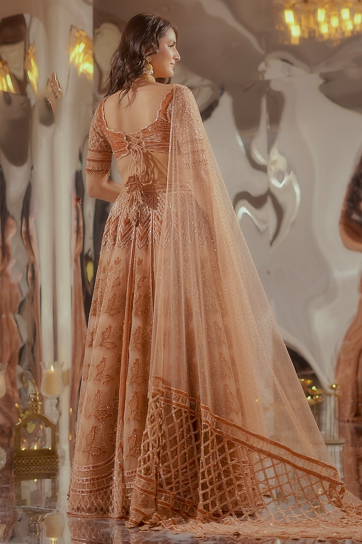 Champagne Tulle & Silk Velvet Zari Embroidered Bridal Lehenga Set by TUHINA SRIVASTAVA at Pernia's Pop Up Shop