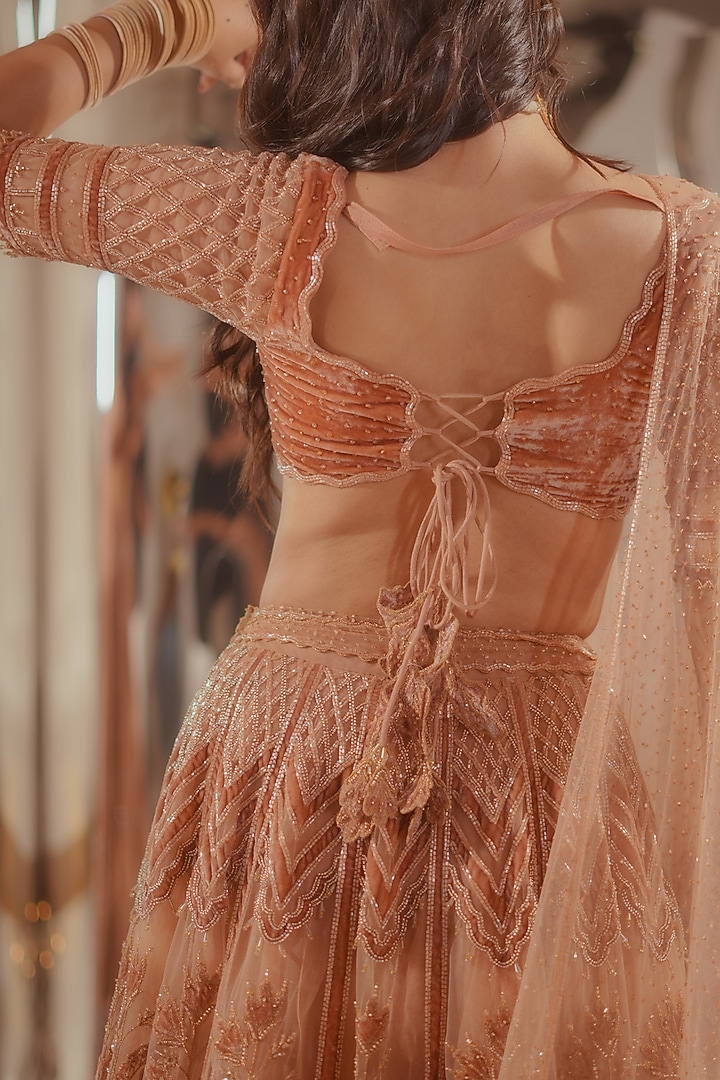 Champagne Tulle & Silk Velvet Zari Embroidered Bridal Lehenga Set by TUHINA SRIVASTAVA at Pernia's Pop Up Shop