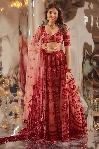 Wine Tulle & Silk Velvet Zari Embroidered Lehenga Set by TUHINA SRIVASTAVA