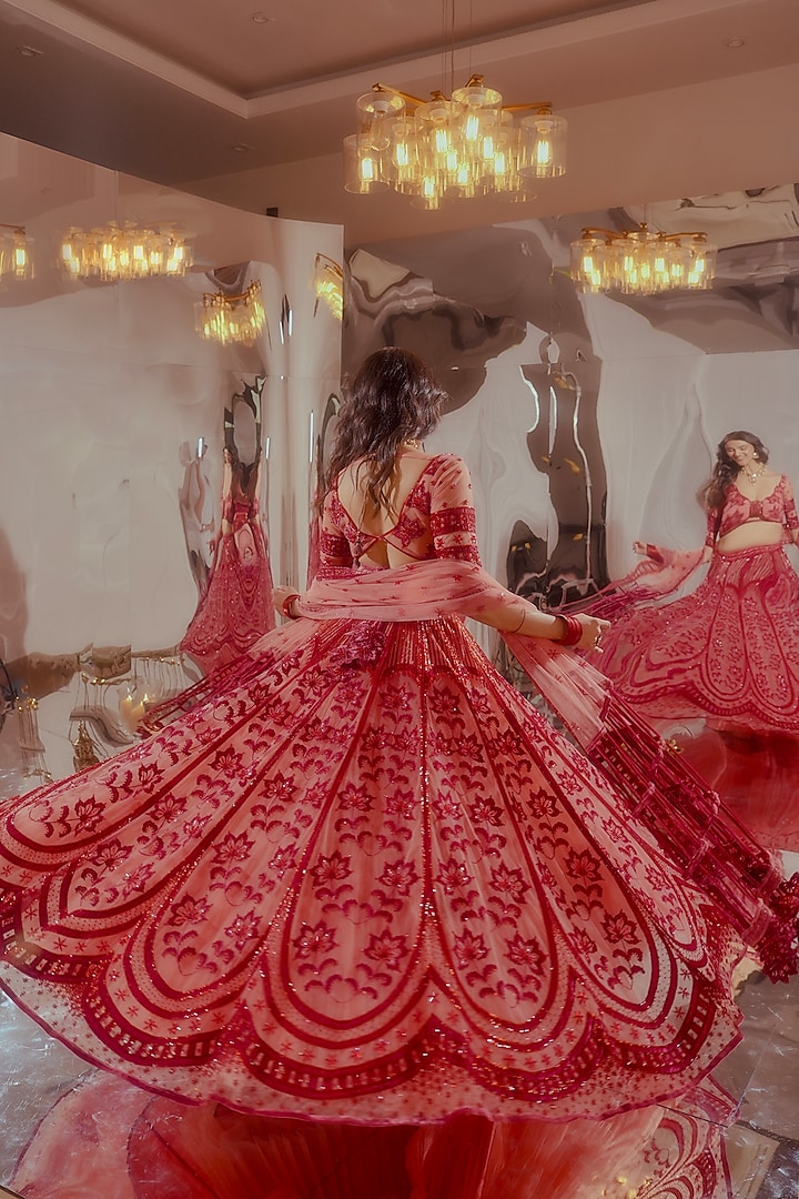 Wine Tulle & Silk Velvet Zari Embroidered Bridal Lehenga Set by TUHINA SRIVASTAVA at Pernia's Pop Up Shop