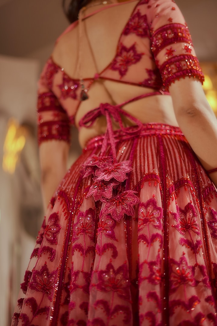 Wine Tulle & Silk Velvet Zari Embroidered Bridal Lehenga Set by TUHINA SRIVASTAVA at Pernia's Pop Up Shop
